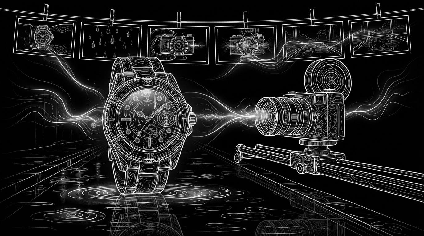 A wristwatch on a wet night street with a camera on a slider rail and a row of storyboard frames behind it.