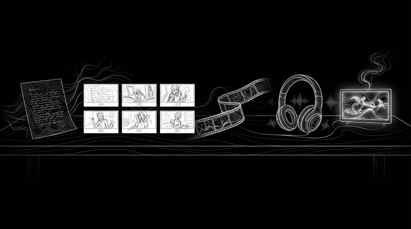 A table showing a video's stages in order, from script page and storyboard sketches to film frames, headphones and a finished video on a screen.