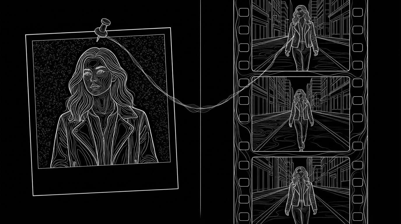The same character shown as a still photo and as frames on a film strip, linked by a thread.