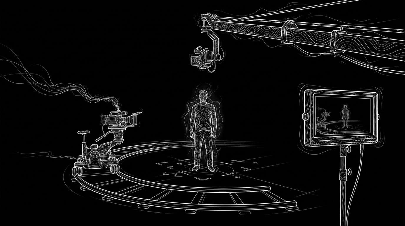 A camera on a curved dolly track and a crane-mounted camera circling an actor on an empty soundstage.