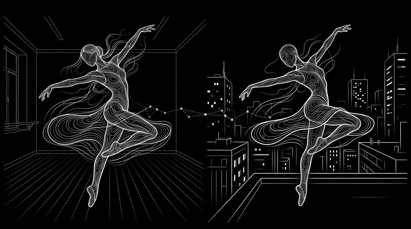 A dancer in a rehearsal room and an illustrated character on a rooftop holding the same spinning pose, showing motion copied from one to the other.