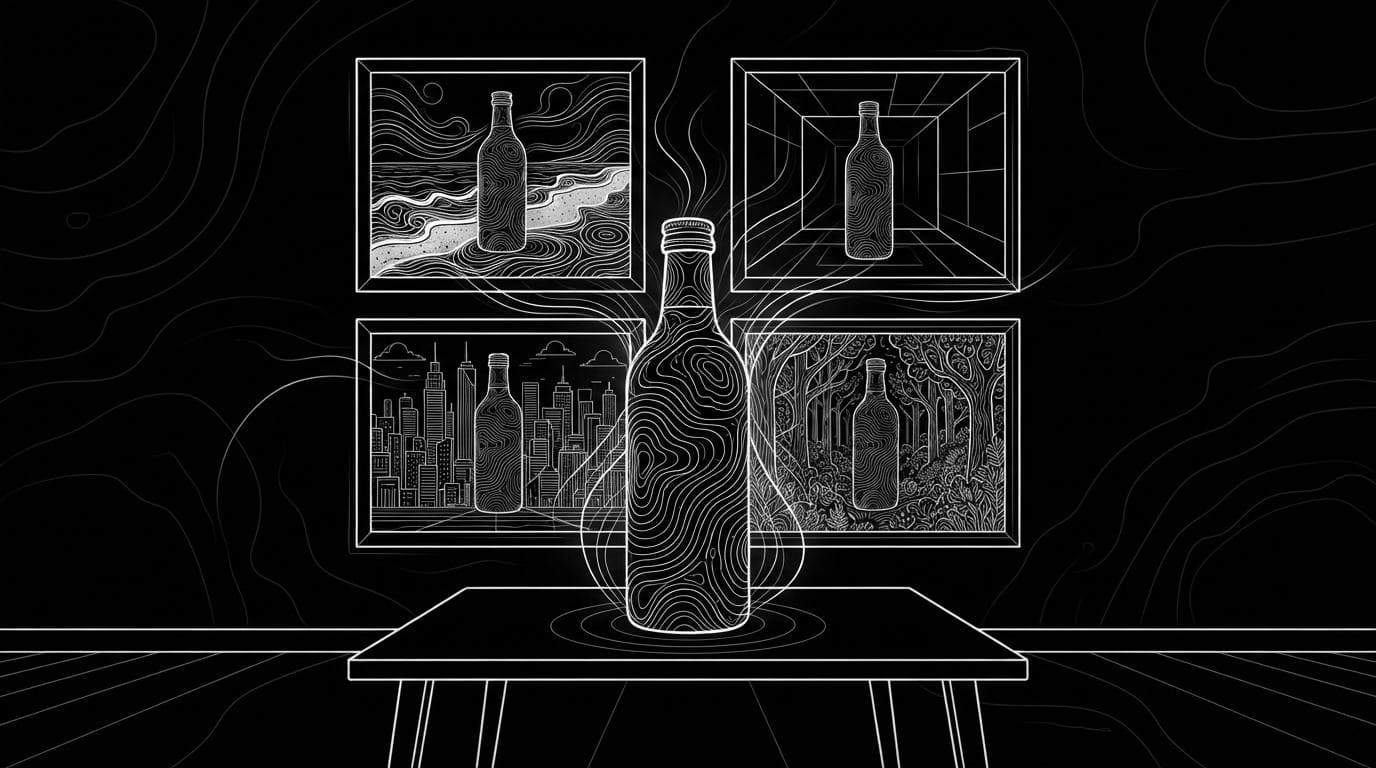 One product bottle in front of a grid of photos showing the same bottle in many different scenes, made by one reusable workflow.