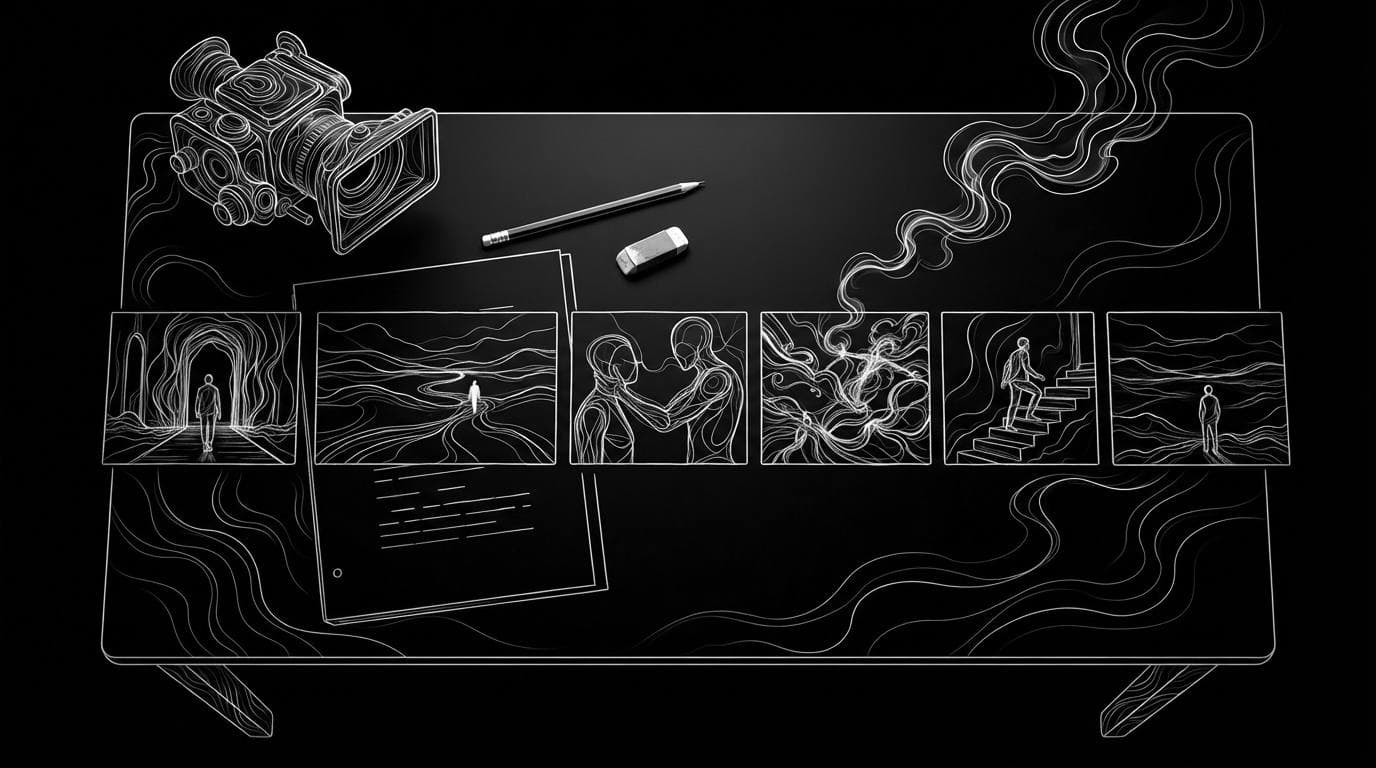 A printed script page next to six hand-drawn storyboard panels laid out in order on a desk.