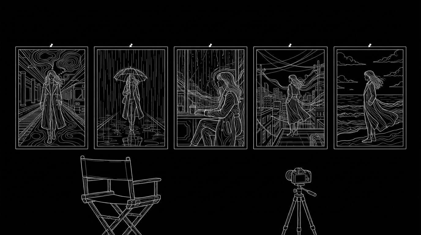 Five storyboard frames showing the same character in five different places, with a director's chair and camera in front of them.