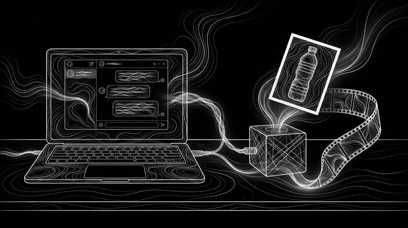 A laptop chat window linked by a cable to a small server box that outputs a product photo and a filmstrip