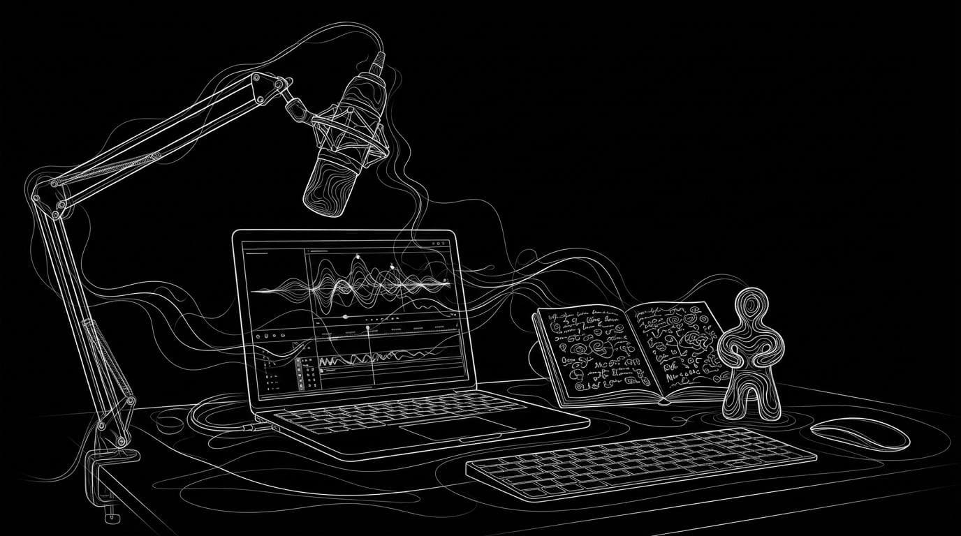 An empty creator desk with a microphone, a laptop video timeline, a script notebook and a small clay figure.