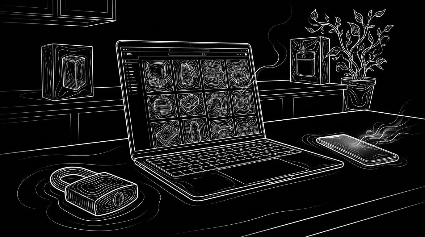 A laptop showing a grid of product photos on a kitchen table, with an unused padlock beside it.