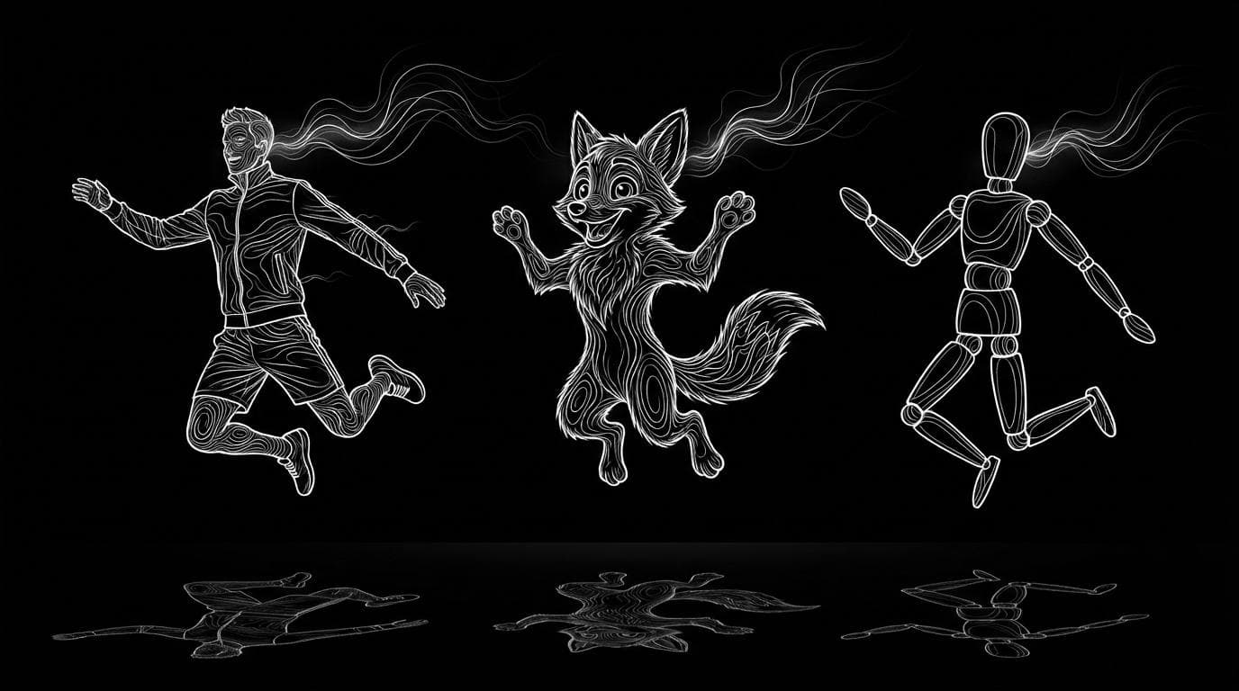A person, a cartoon fox and a 3D mannequin frozen in the same jumping pose, illustrating one motion transferred to different characters.