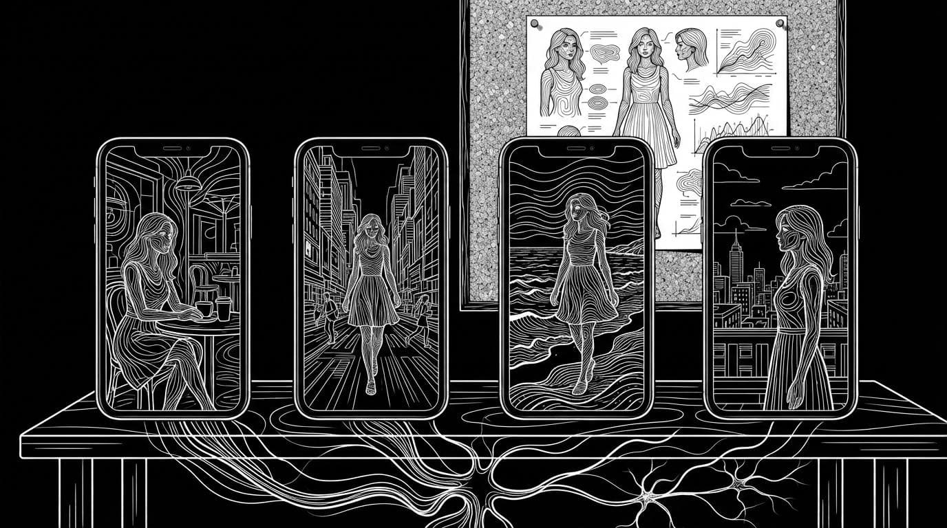 Several phone screens showing posts of the same AI influencer in different scenes, with her character sheet pinned behind them