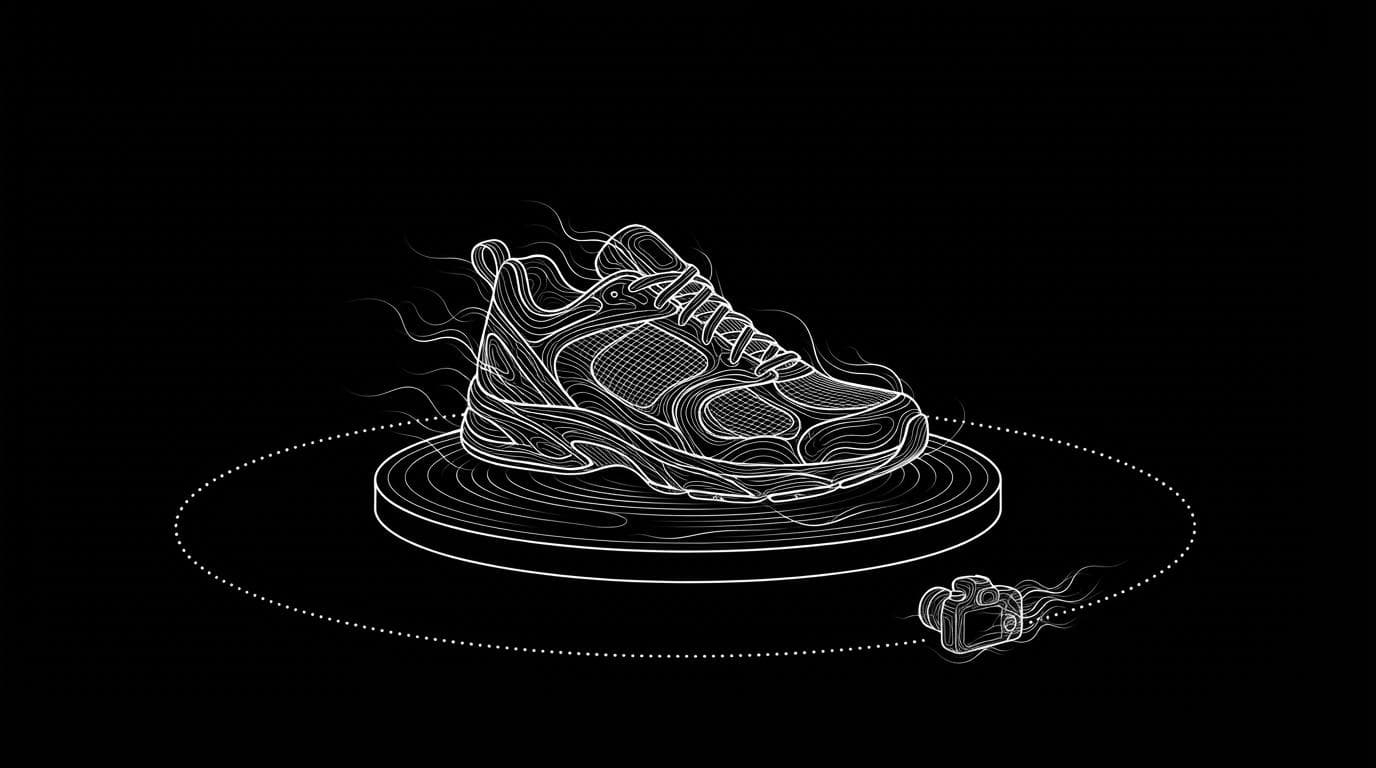 A sneaker on a turntable with a camera on a circular path around it, illustrating a 360-degree product video.