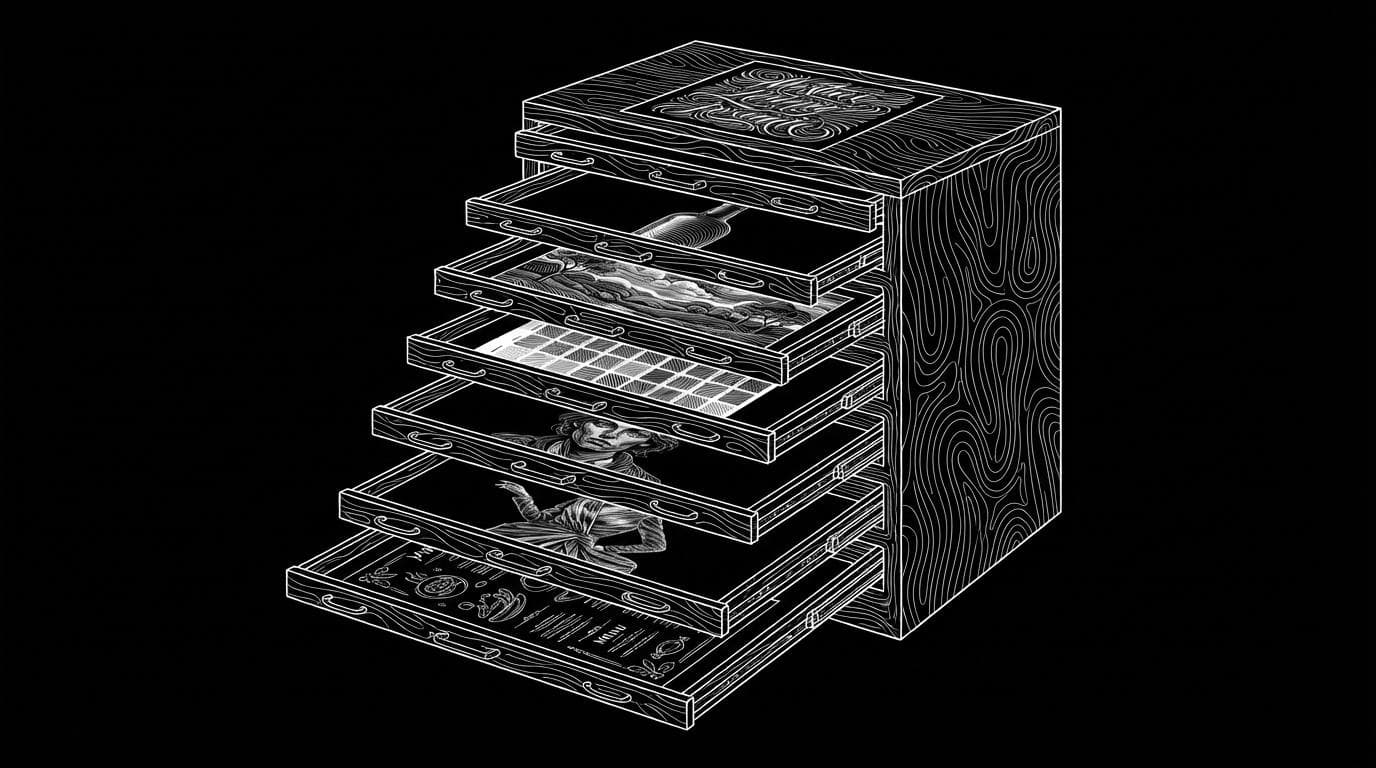 A flat file cabinet with open drawers holding seven different kinds of finished images, standing for picking an image model by job.