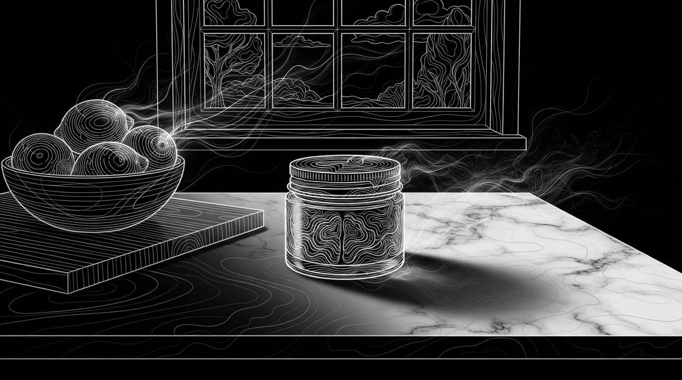 A skincare jar on a marble kitchen counter beside lemons and a window, an example of a product placed in a lifestyle scene.