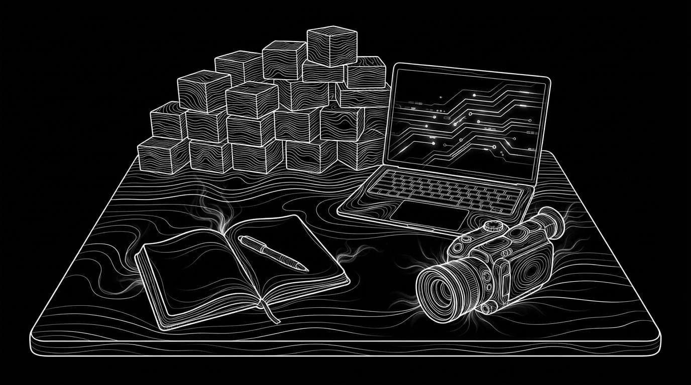 A desk where many small app boxes are pushed back and only a notebook and a compact camera sit in front