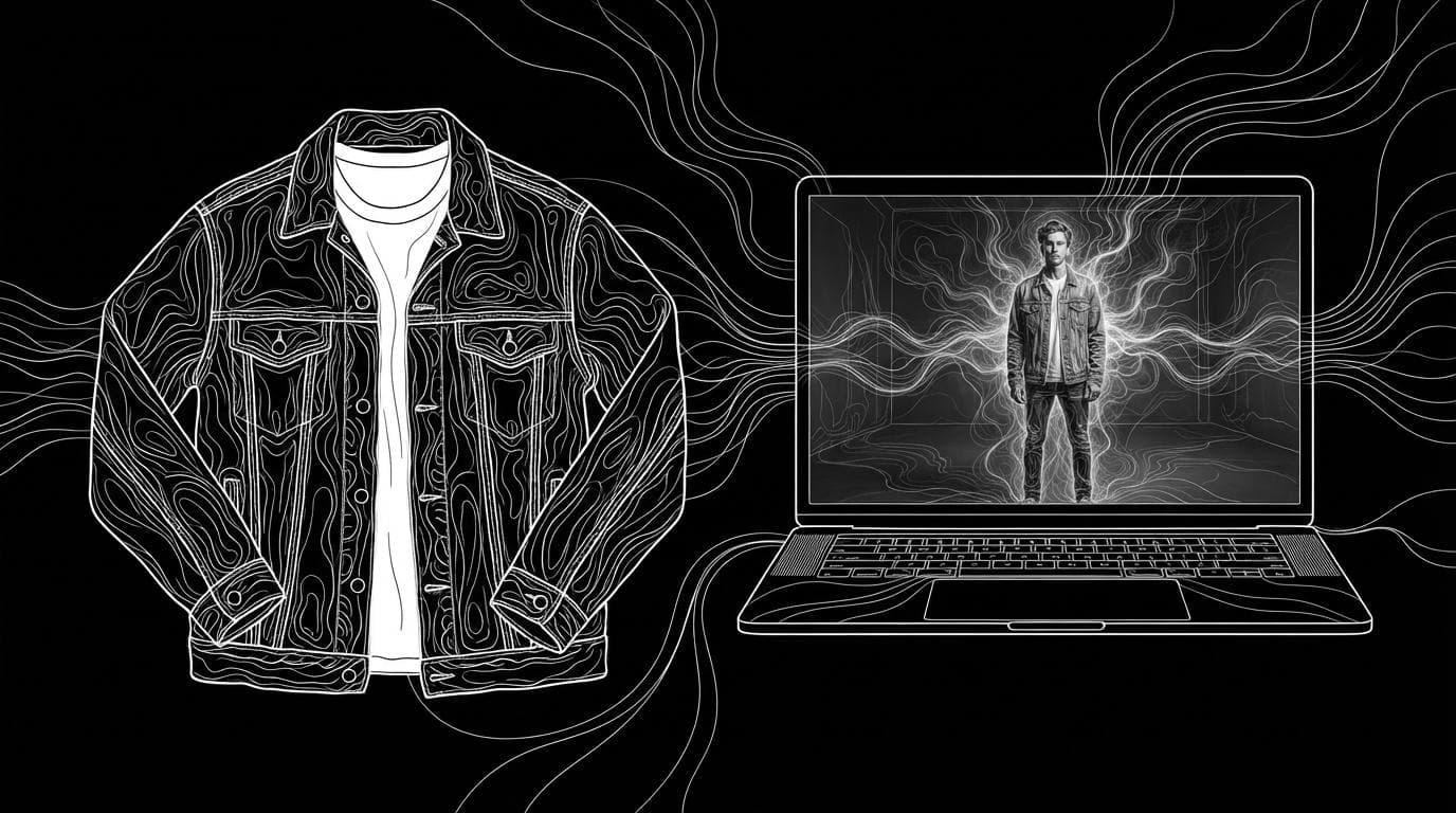 A denim jacket laid flat beside a laptop showing the same jacket on a model, illustrating an AI fashion photoshoot.
