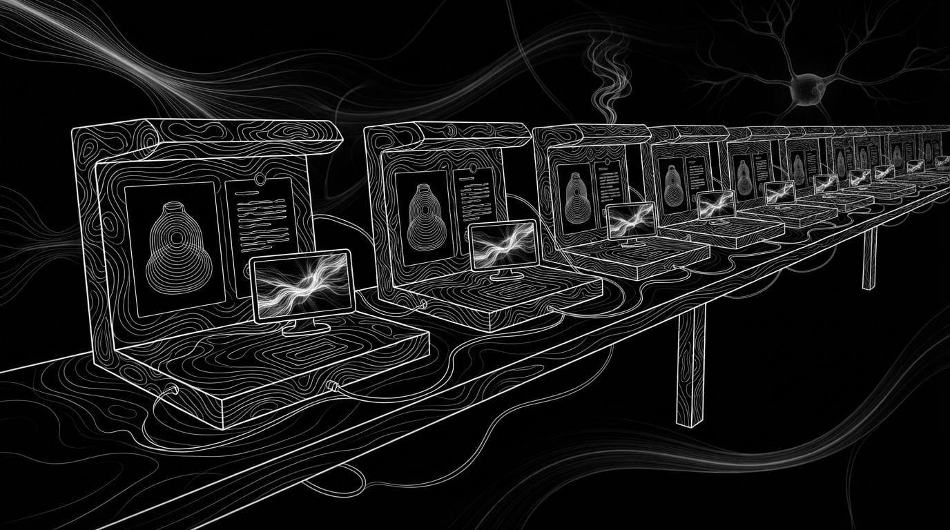 A long workbench of connected stations turning product photos and script cards into finished video frames, illustrating a reusable video pipeline.