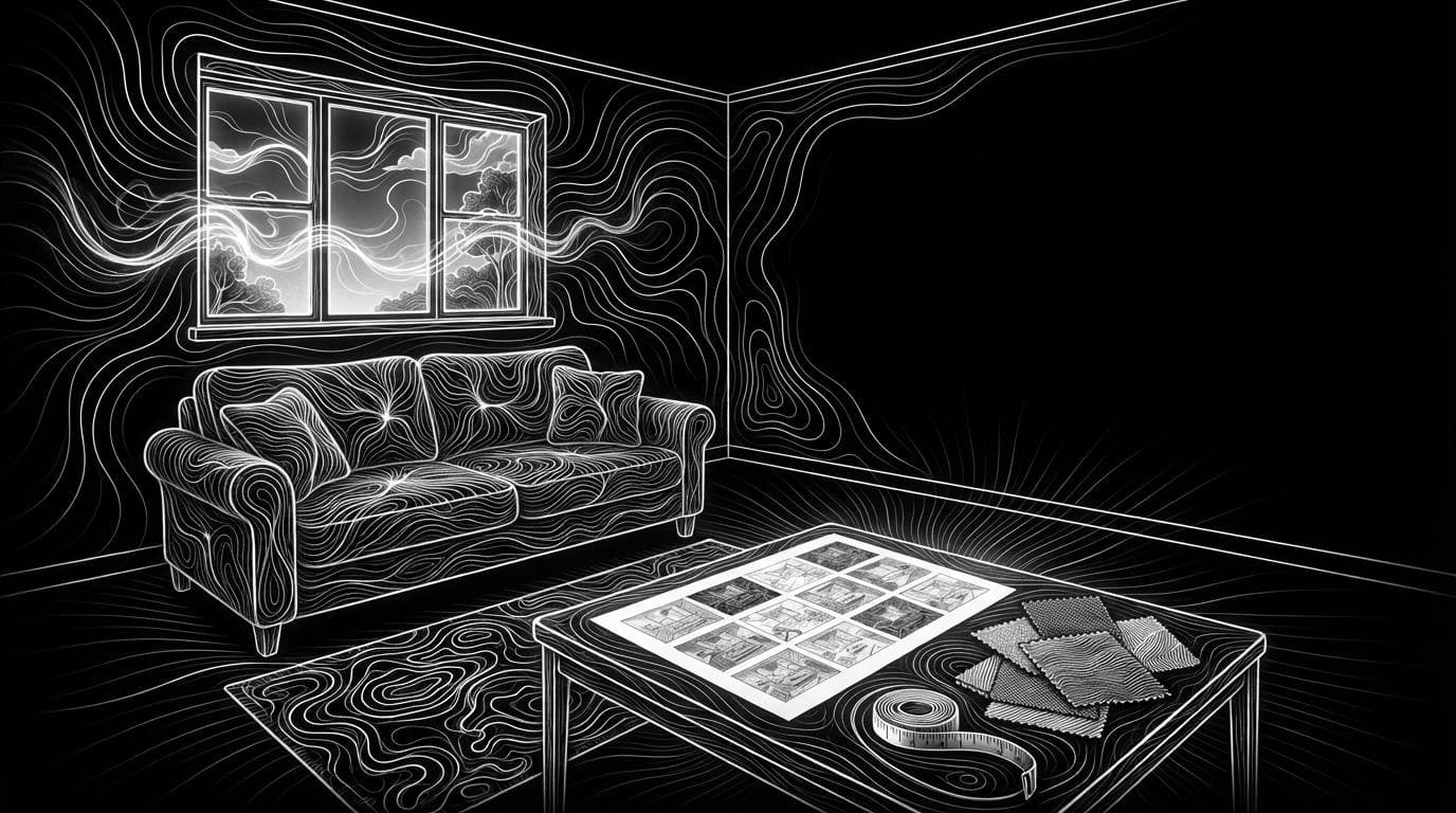 A living room with a sheet of alternative room designs, a tape measure and fabric swatches on the coffee table.