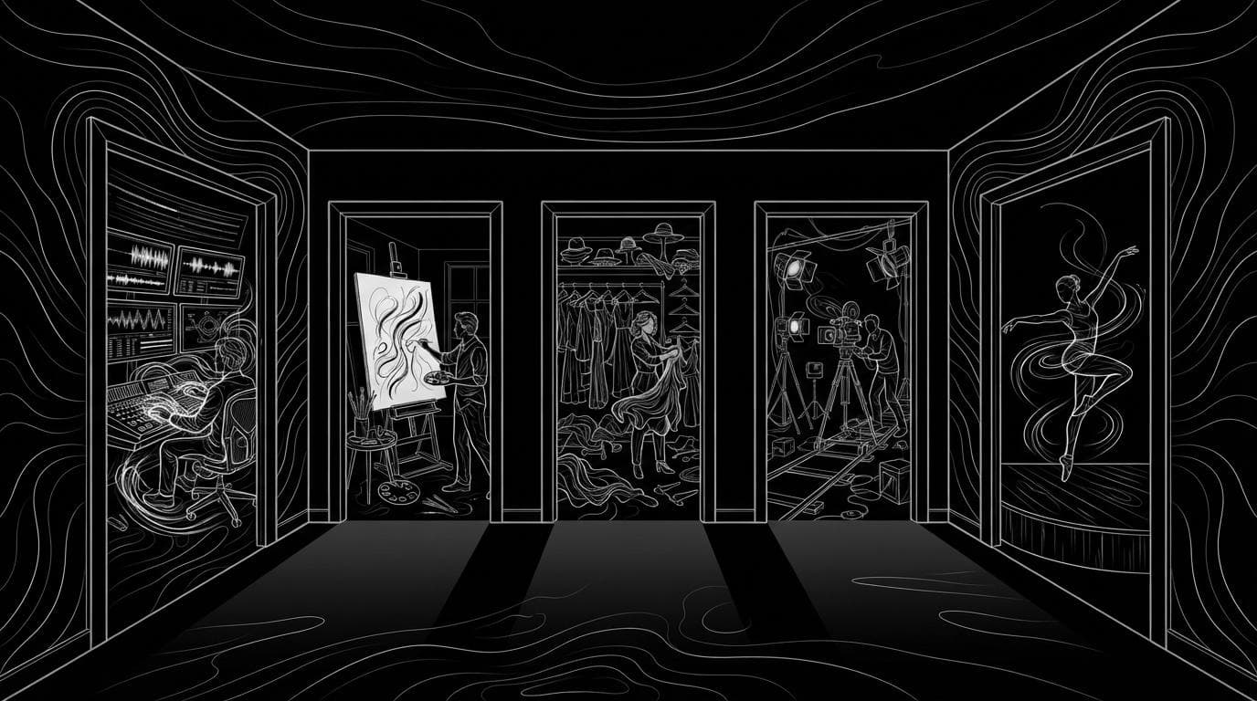 A corridor of five doorways, each opening onto a different creative studio set.