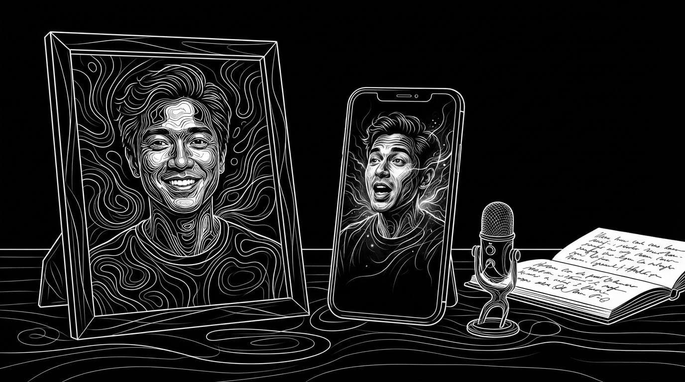 A printed portrait next to a phone showing the same person speaking, with a microphone and a script on the desk.