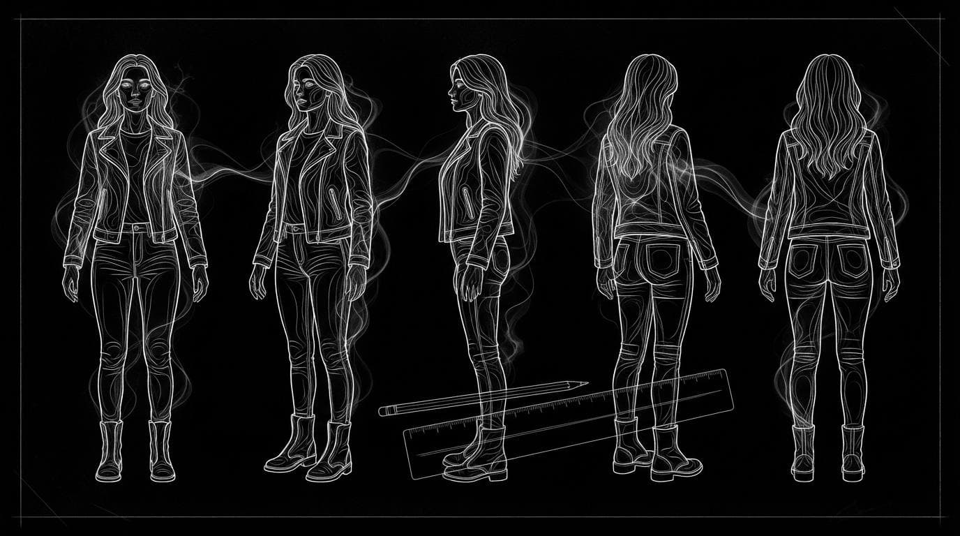 A character turnaround sheet showing one woman from five angles at matching scale.