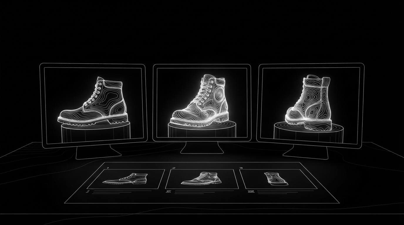 Three screens showing three camera angles of the same boot, with a three-panel storyboard sheet on the desk.