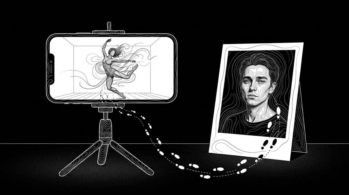 A phone playing a dance clip next to a printed photo of the character who will replace the dancer.