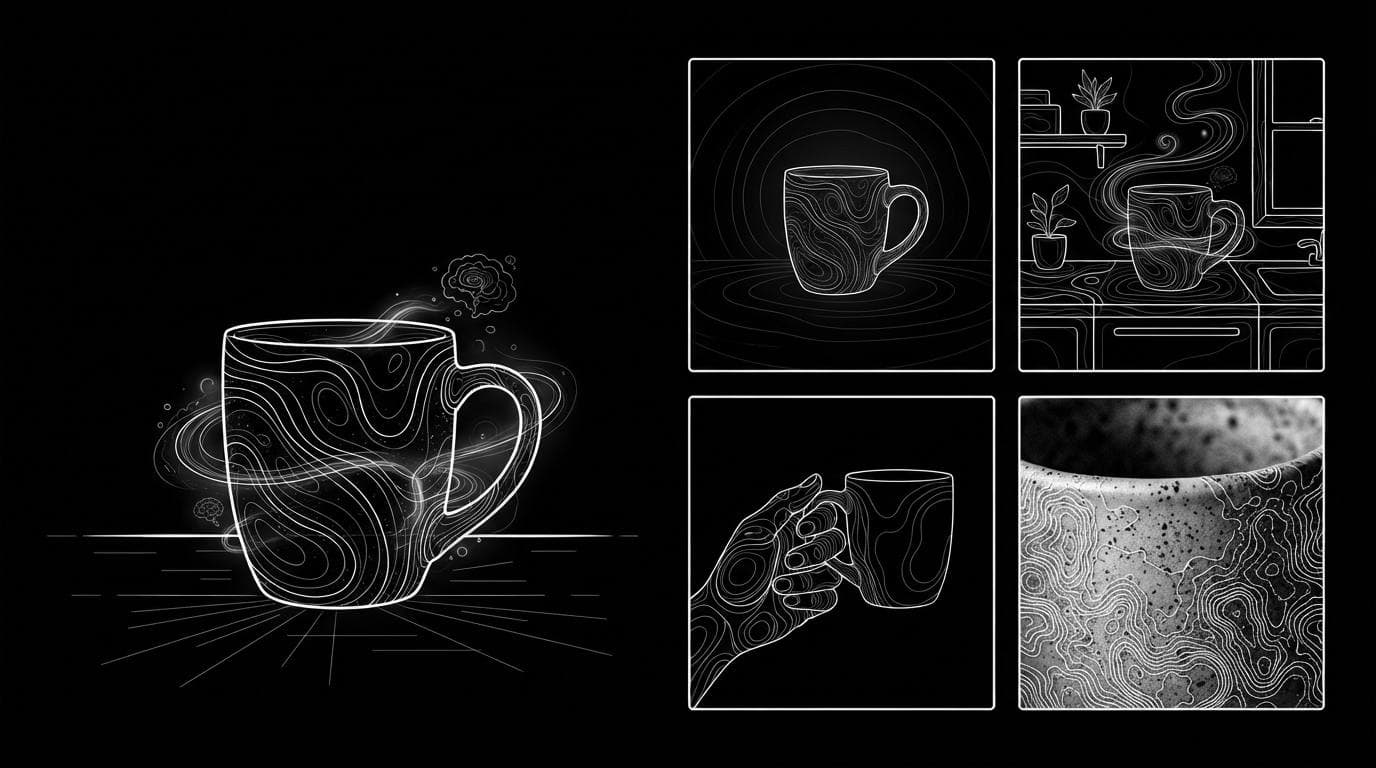 One product photo next to a grid of four Amazon listing images: main, lifestyle, in-hand scale and detail close-up.