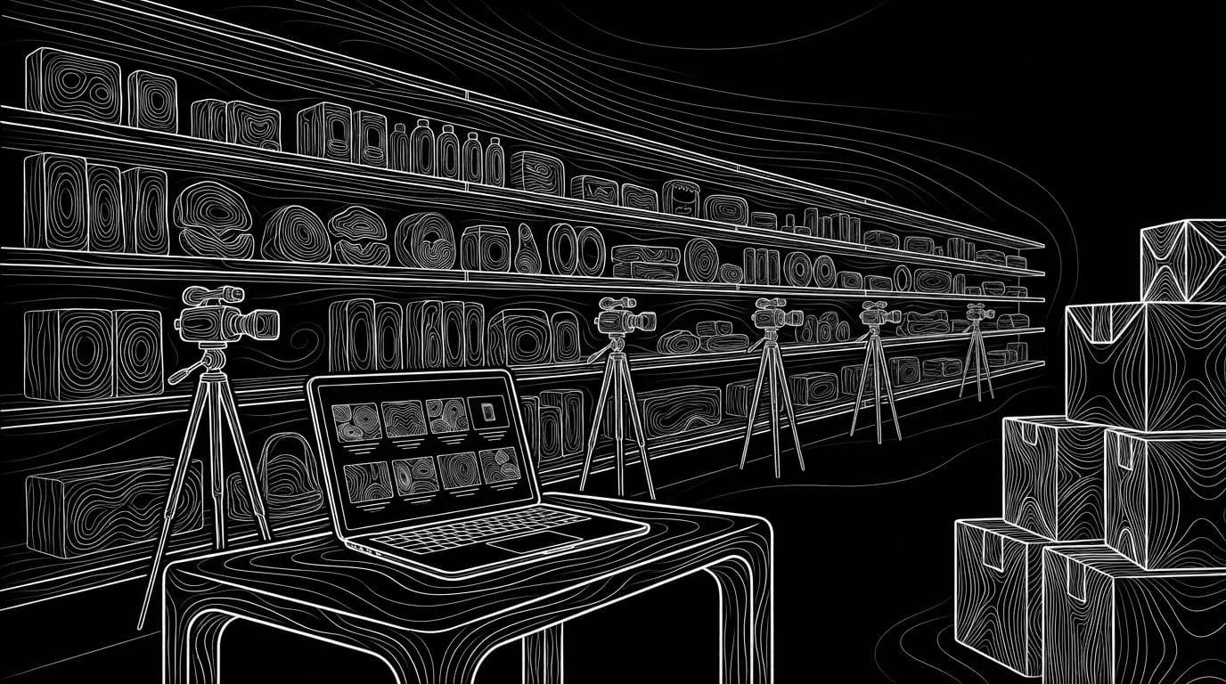 Shelves of products each filmed by its own small camera, with a laptop showing a grid of product video clips.
