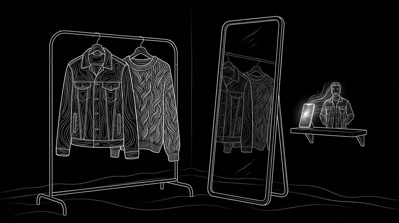 A denim jacket on a rail beside a mirror and a phone showing a person wearing the same jacket, illustrating virtual try-on.