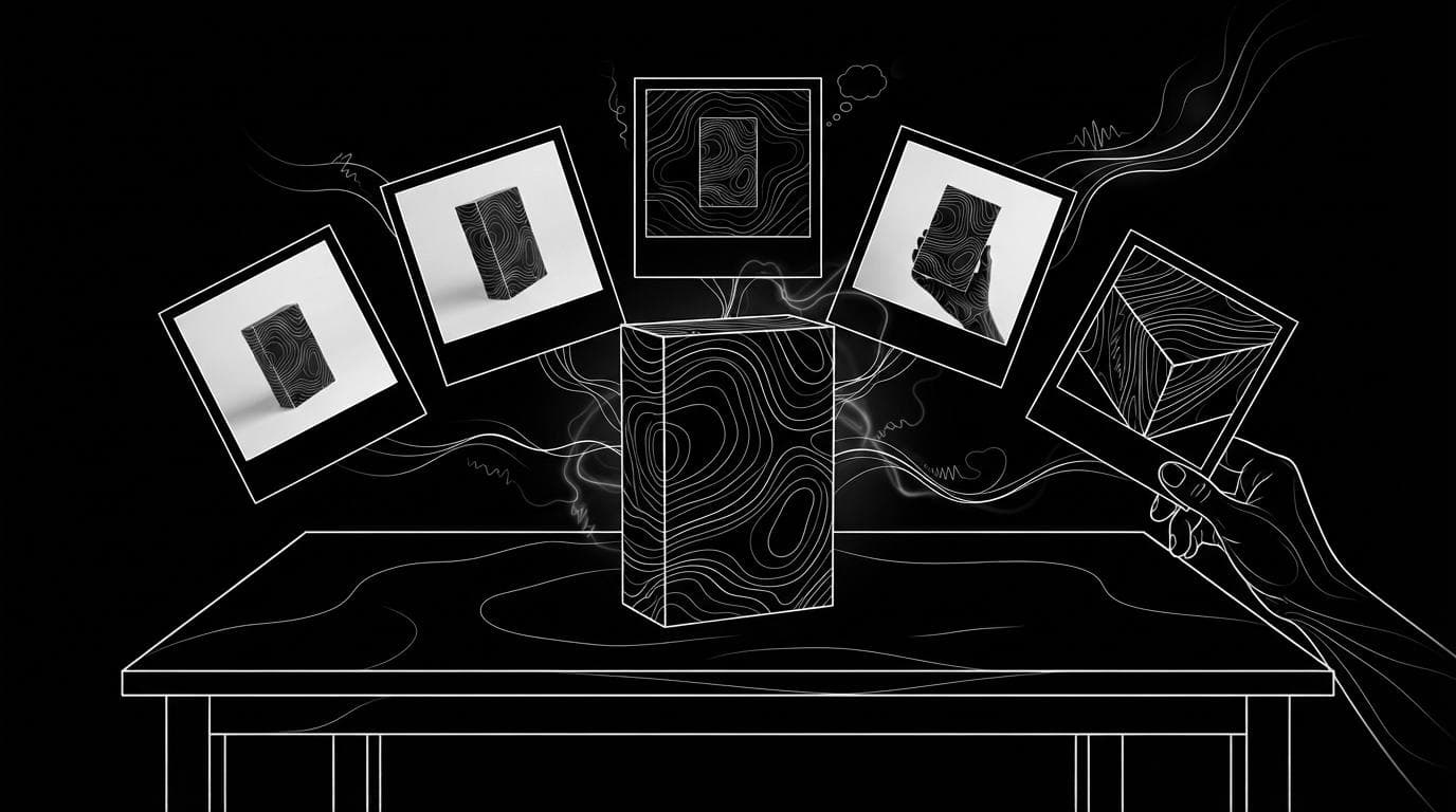 One product box on a table, surrounded by five photos of it from different angles and settings, showing the shot types of a product page.