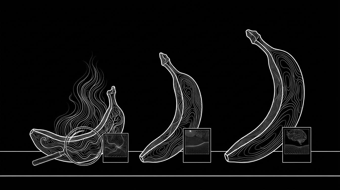Three bananas of different sizes lined up on a studio table beside small photo cards and a magnifying glass.