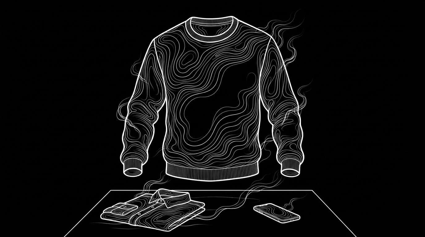 A sweater shown in ghost mannequin style, floating as if worn by an invisible body, next to a phone and a folded shirt.