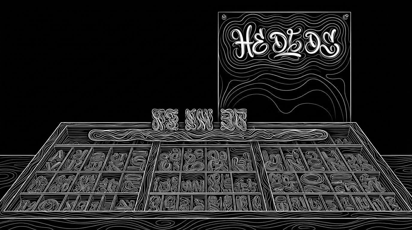 A wooden type case of metal letters with a short word set in a composing stick and a printed headline poster behind it.