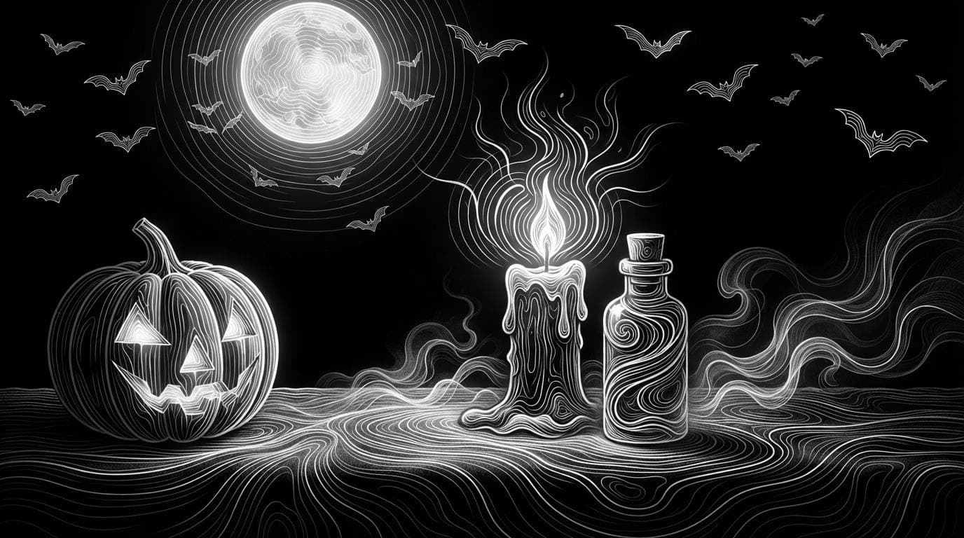 Contour-line drawing of a lit candle, a small product bottle and a carved pumpkin under a full moon with bats and drifting fog