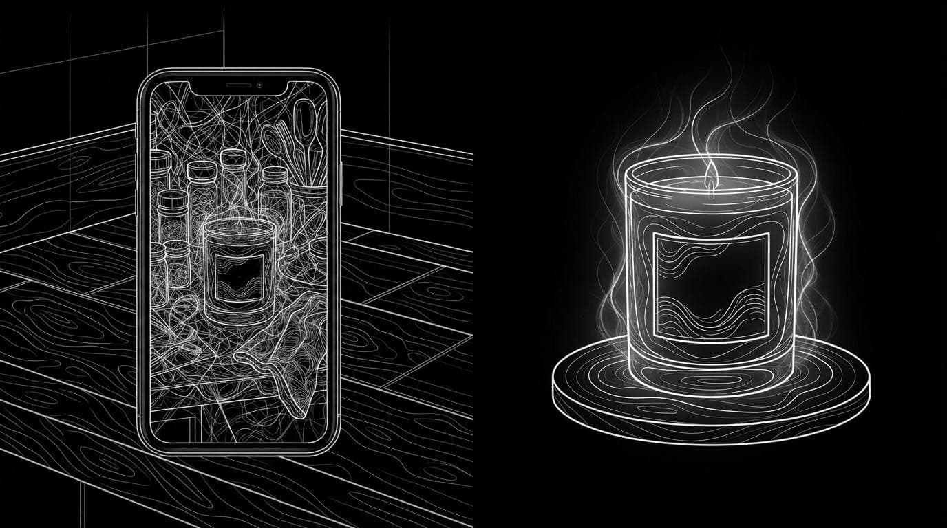 A phone showing a cluttered product snapshot next to the same candle jar on a studio turntable.