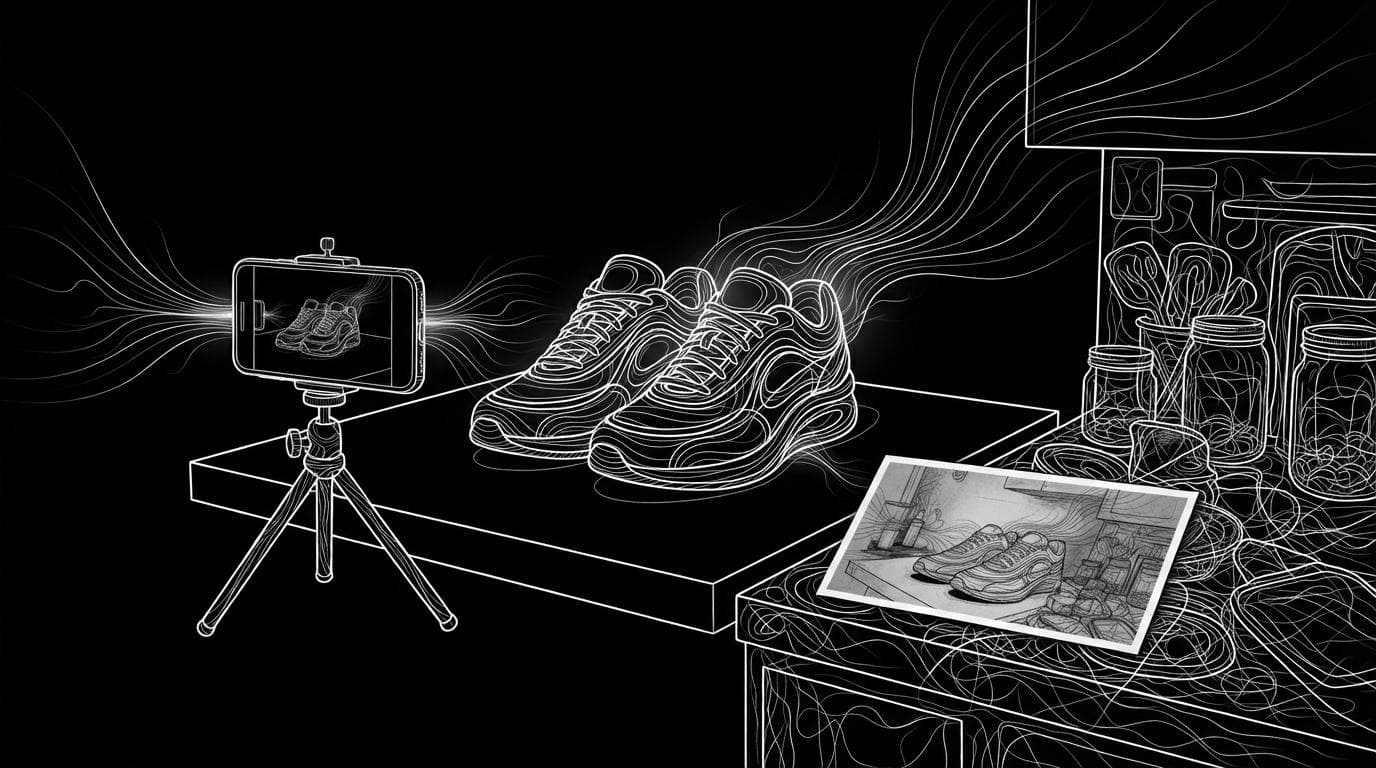 A pair of sneakers on a seamless backdrop being photographed with a phone, next to a cluttered before photo of the same shoes.