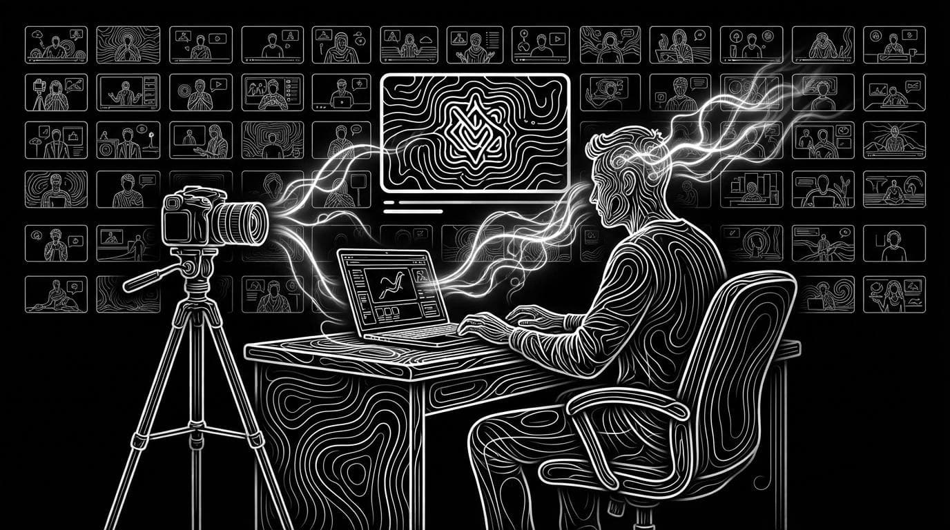 A creator at a desk in front of a wall of video thumbnails, planning a YouTube thumbnail.