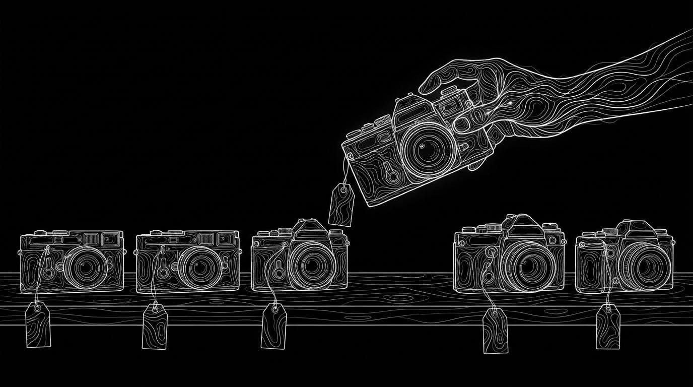 Eight film cameras with tags in a row on a workbench, one being picked up, standing for choosing an AI video model by job.