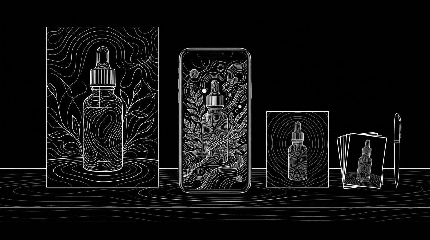 The same dropper bottle ad shown as a vertical story on a phone, a portrait feed print and a square print.
