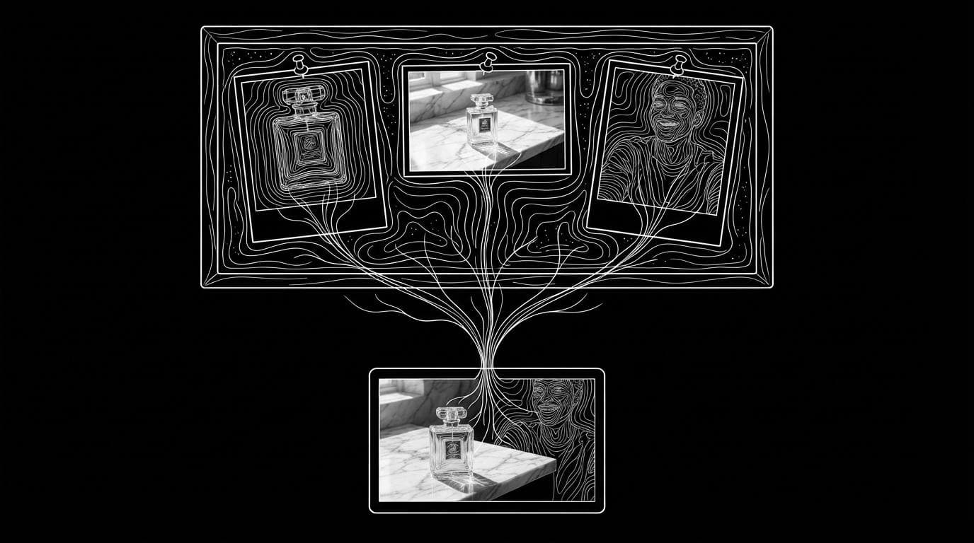 A corkboard of three reference photos linked by strings to a screen showing them combined into one scene.