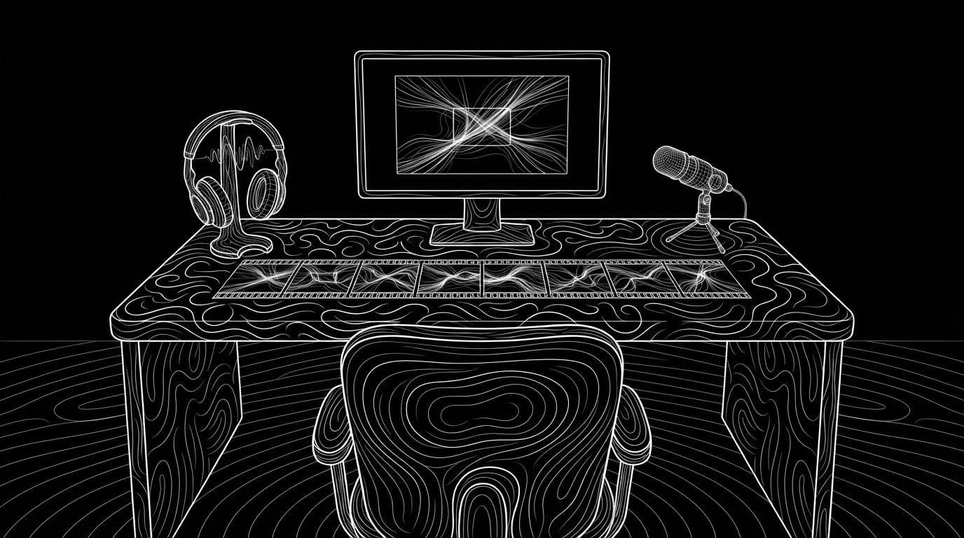 One desk with a video monitor, headphones, a microphone and a strip of film clips, showing video, editing and audio in one place.