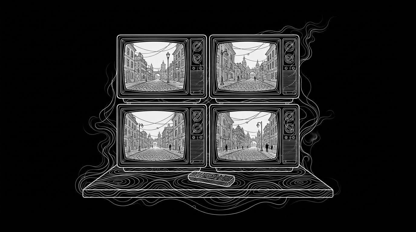 Four identical television sets in a grid showing the same street scene, with one remote in front, standing for running one prompt across four video models.