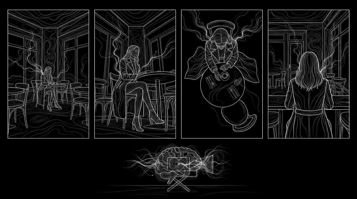 Four storyboard panels showing the same cafe and the same woman from four camera angles.