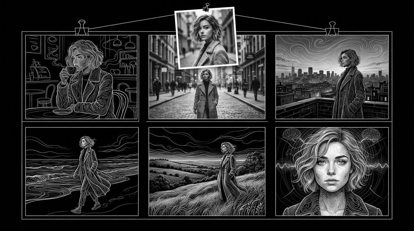 Six photos of the same woman in six different places, laid out under one reference photo, showing a consistent AI character across a content series.