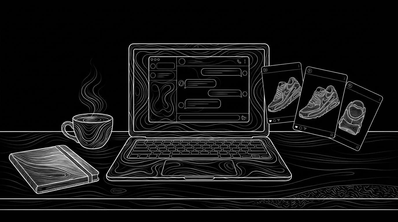 A laptop chat window with three sneaker video clips fanned out beside it, showing several videos made in one session