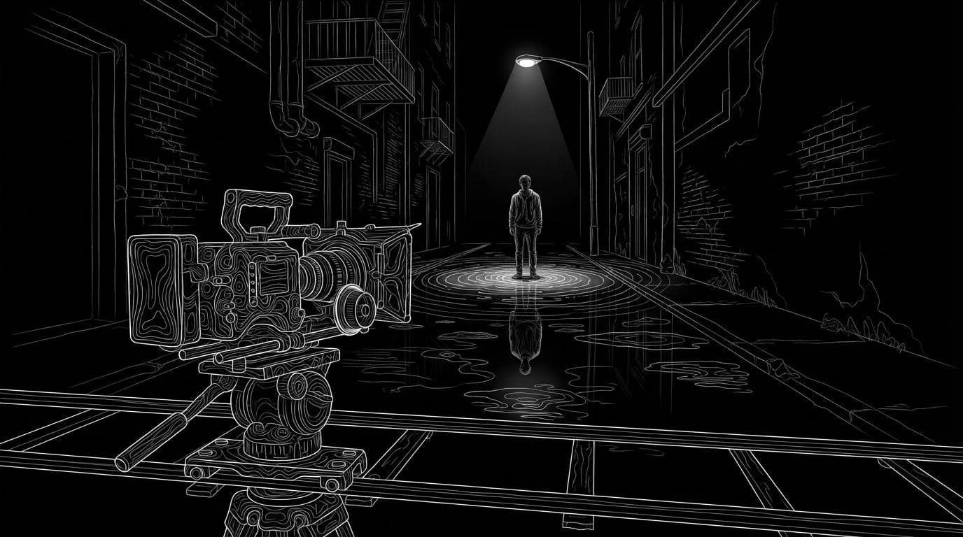 A cinema camera on a dolly track filming an actor under a streetlight in a wet alley at night.