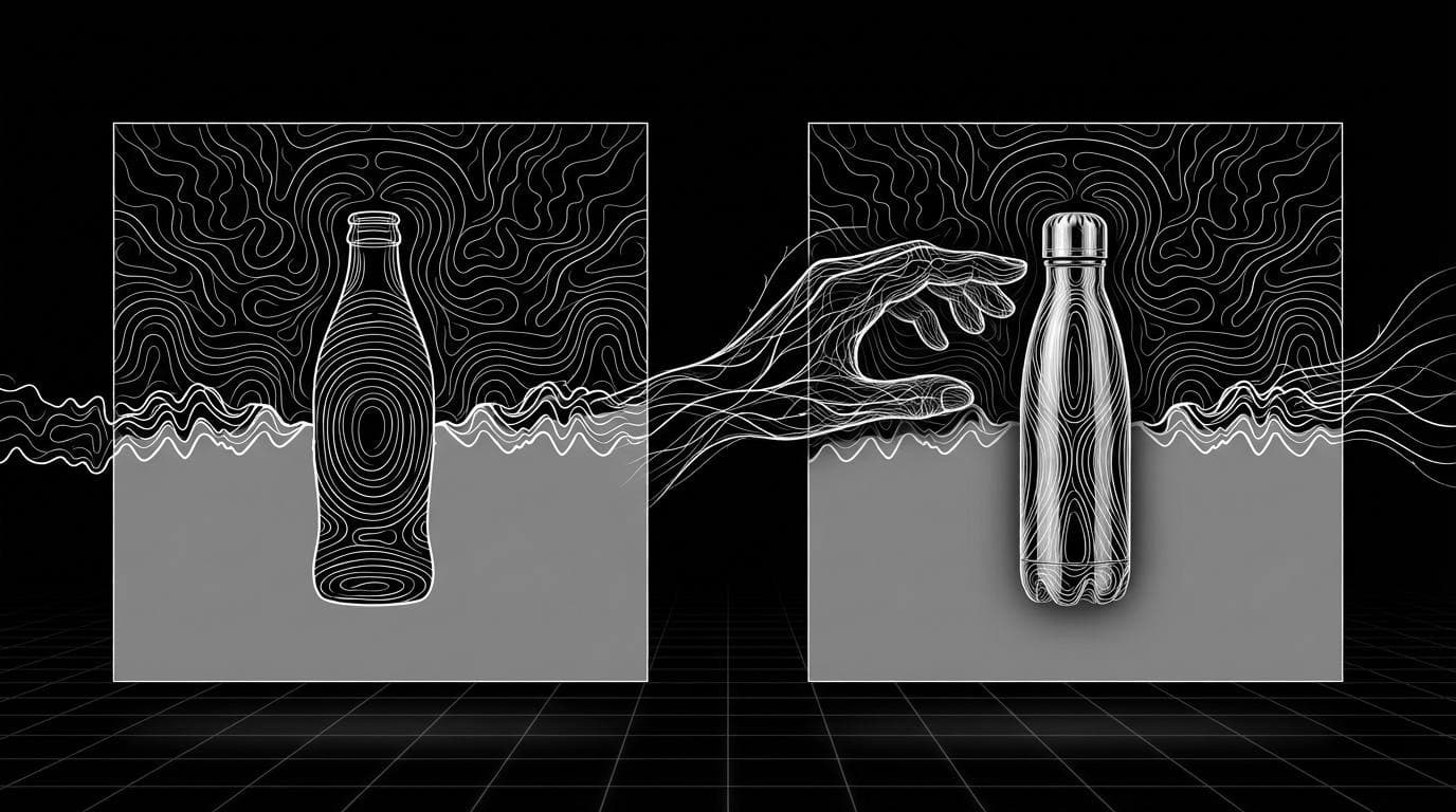 Two matching ad layouts side by side, the second with a different bottle swapped into the same backdrop.