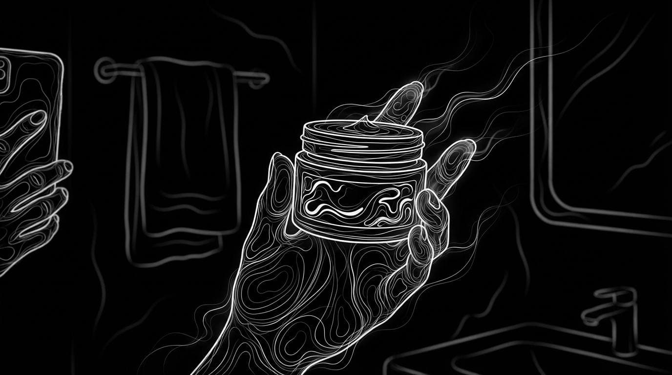 A hand holding a jar of face cream toward the camera in a home bathroom, filmed phone-style.