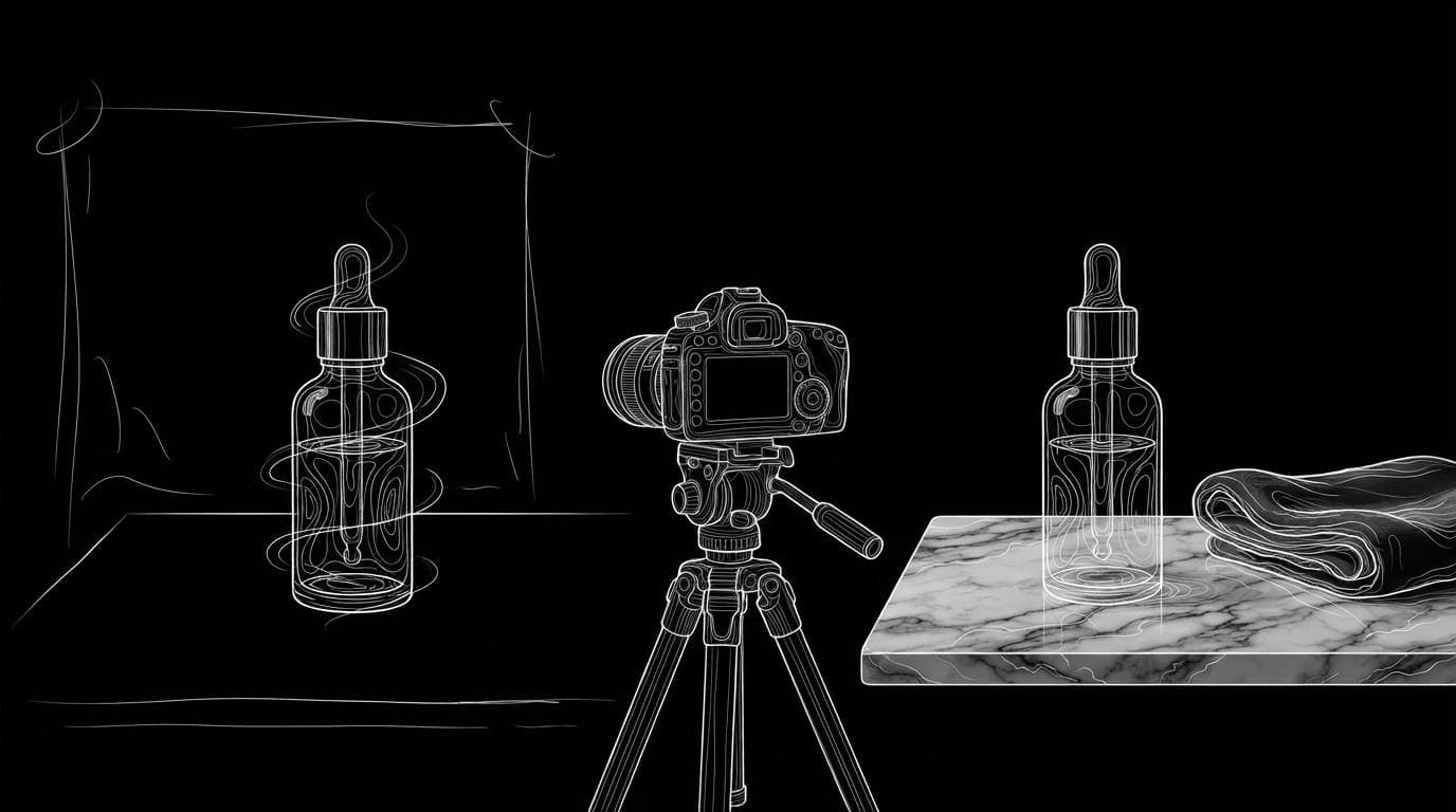 The same skincare bottle in a rough test shot and a finished hero shot, side by side on a studio table.