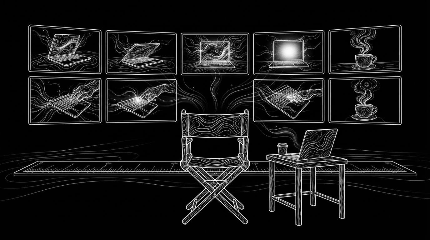 A director's chair facing a wall of screens, each playing a short clip of the same product.
