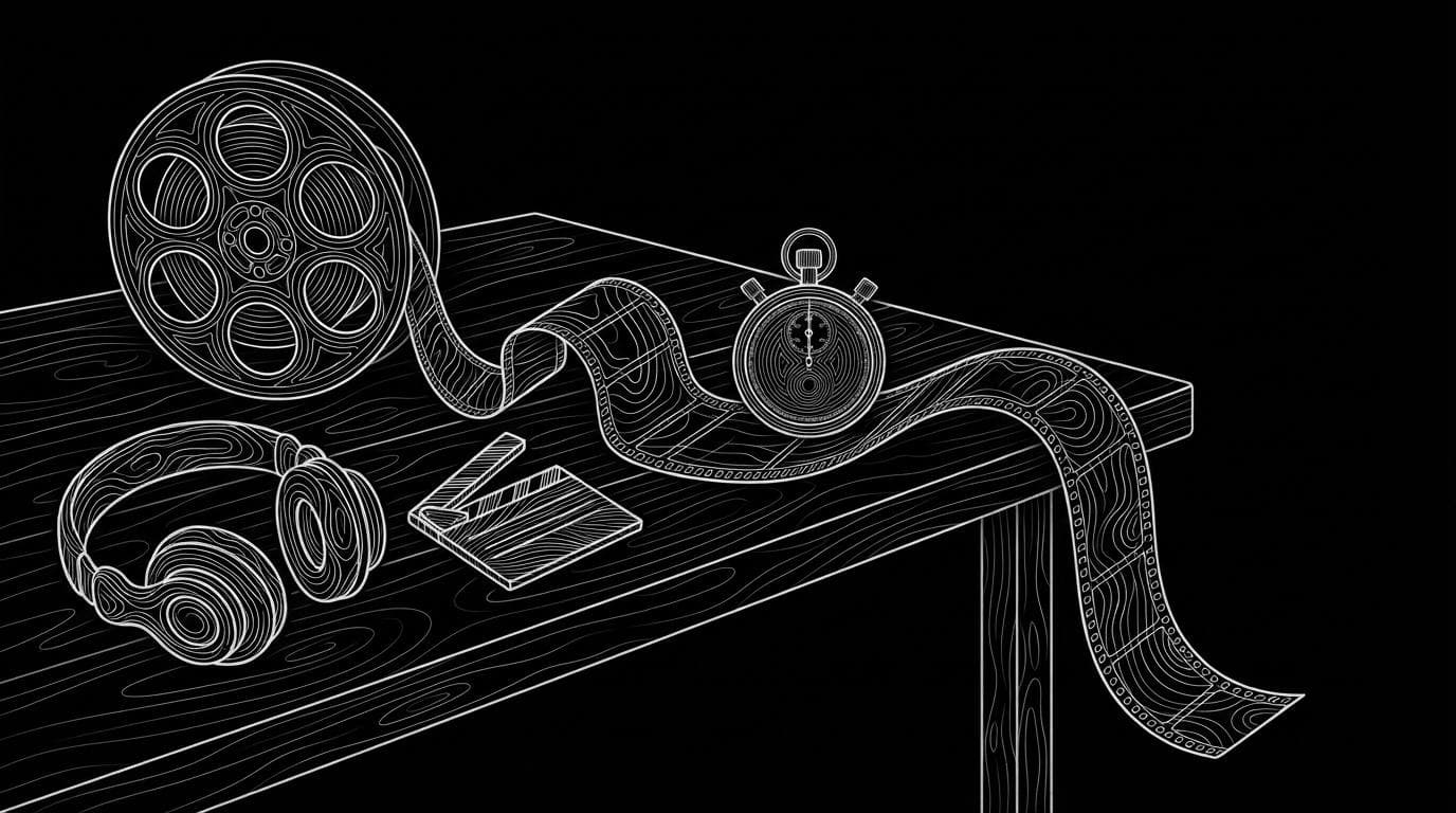 A long film strip unrolling across a desk next to a stopwatch, headphones and a clapperboard.
